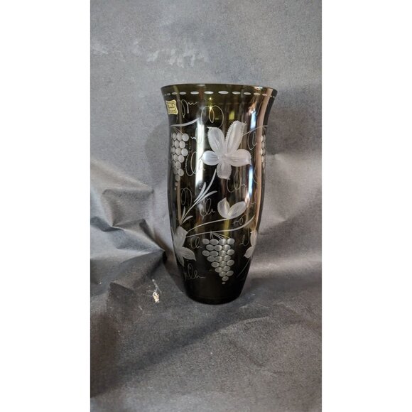 Egermann Bohemian Czech Olive Green Floral Etched Glass Vase Cut To Clear 9 Inch - Picture 10 of 10